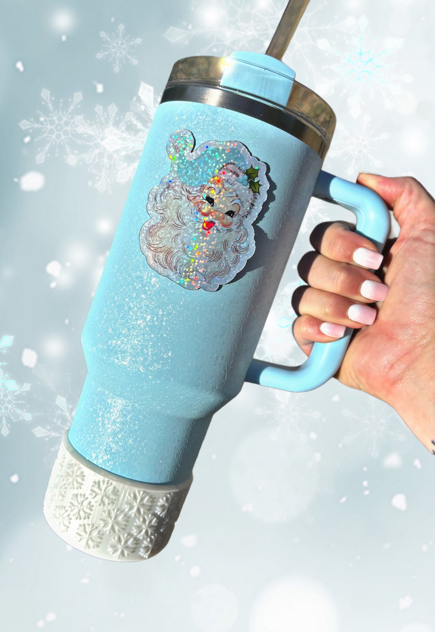 Aimant pour gobelet Père Noël avec chapeau bleu
