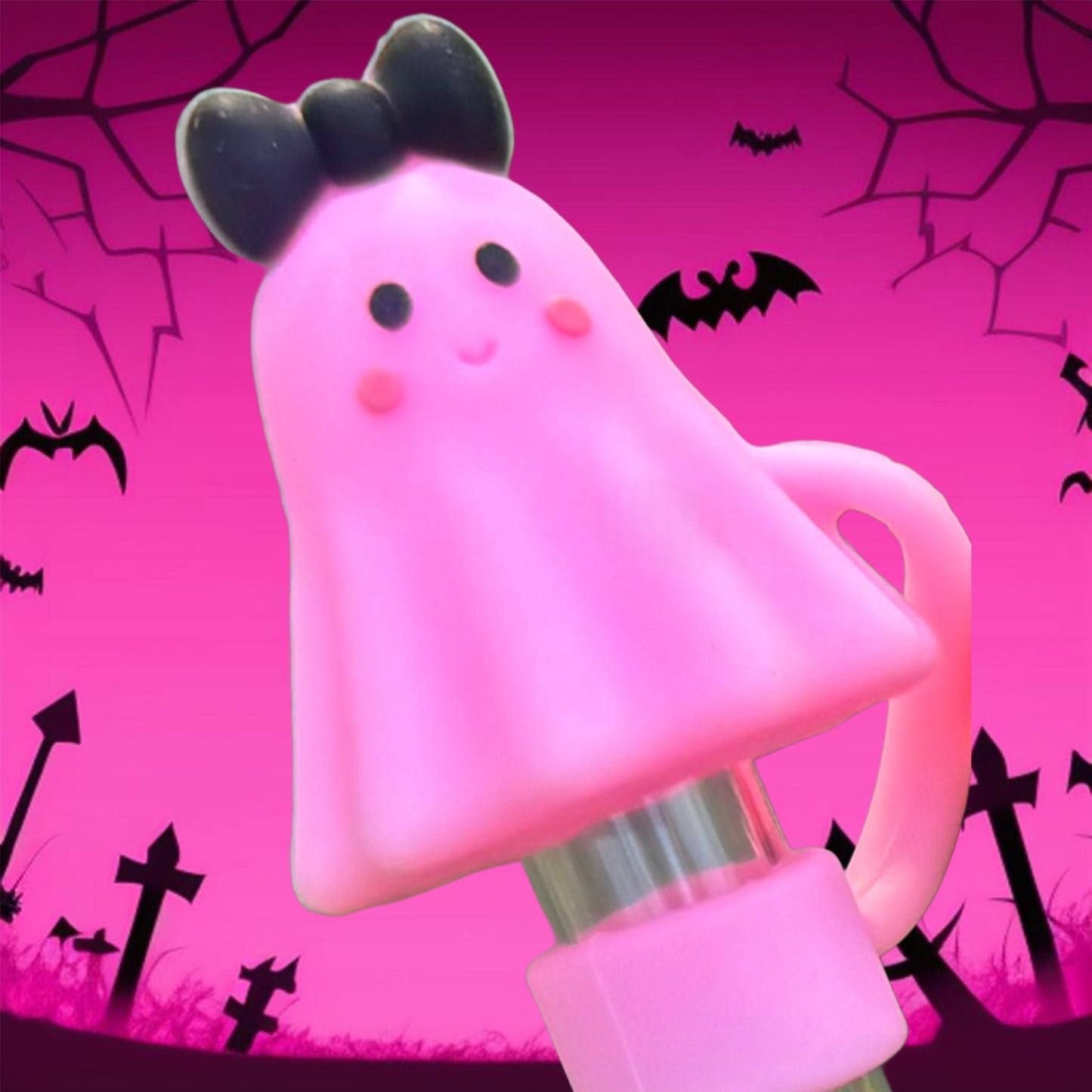 Pink Ghost 3D Silicone Straw Topper