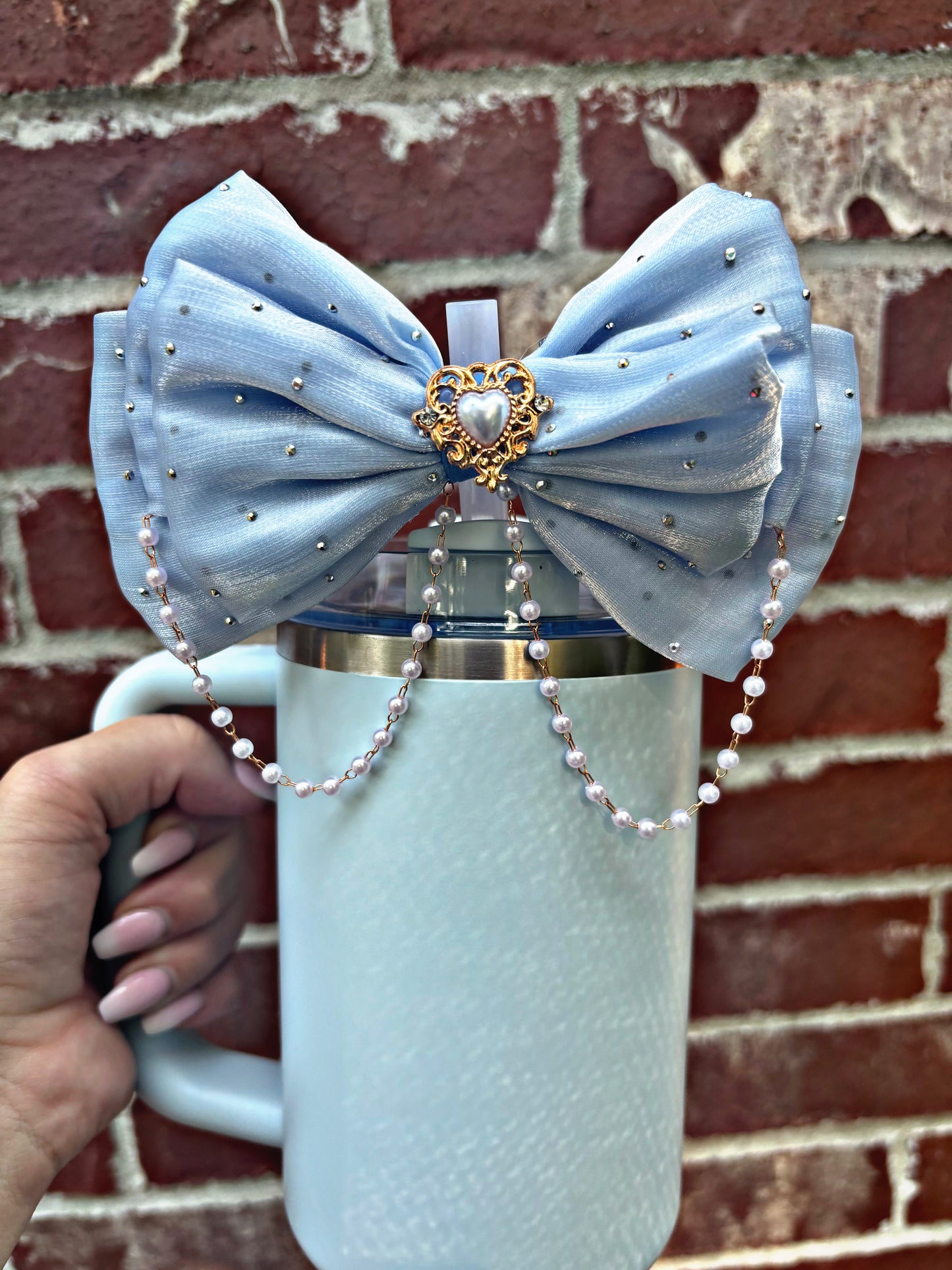 LoveShack Fancy Blue Pearl Bow Straw Topper