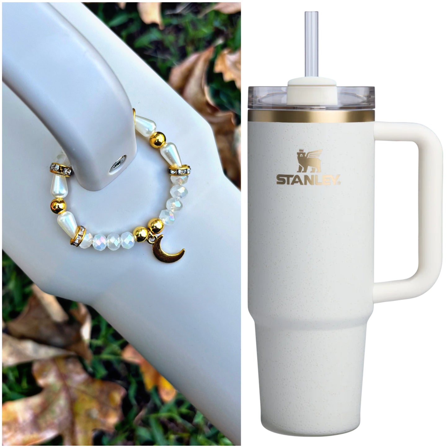 Bracelet à breloques avec poignée en forme de tasse de lune crème - Rafraîchissement d'automne