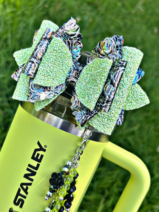 Prickly Pear Bow (Green Glitter with Floral Black Holographic)