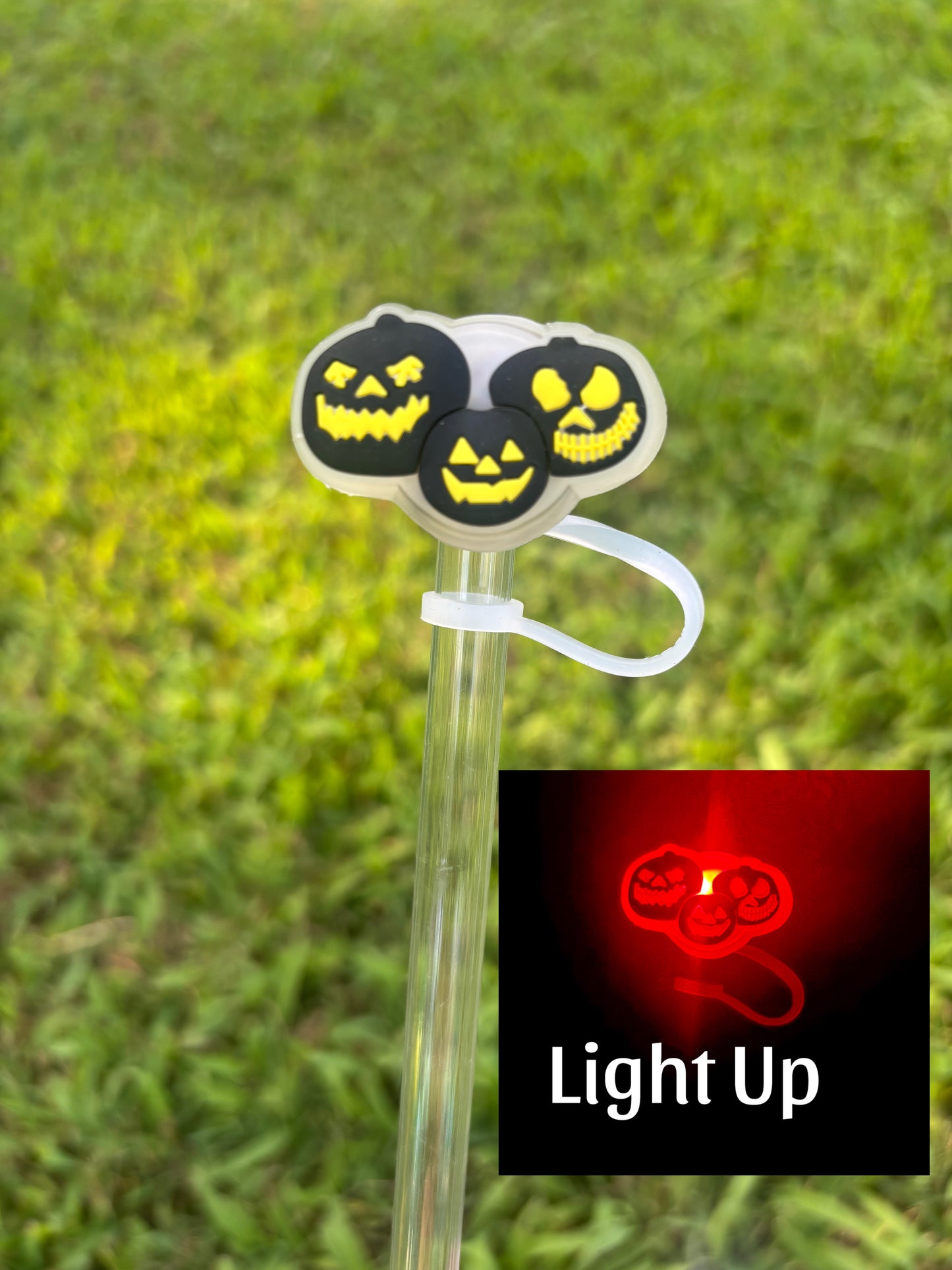 Motion Activated Light Up Black Pumpkins Silicone Straw Topper