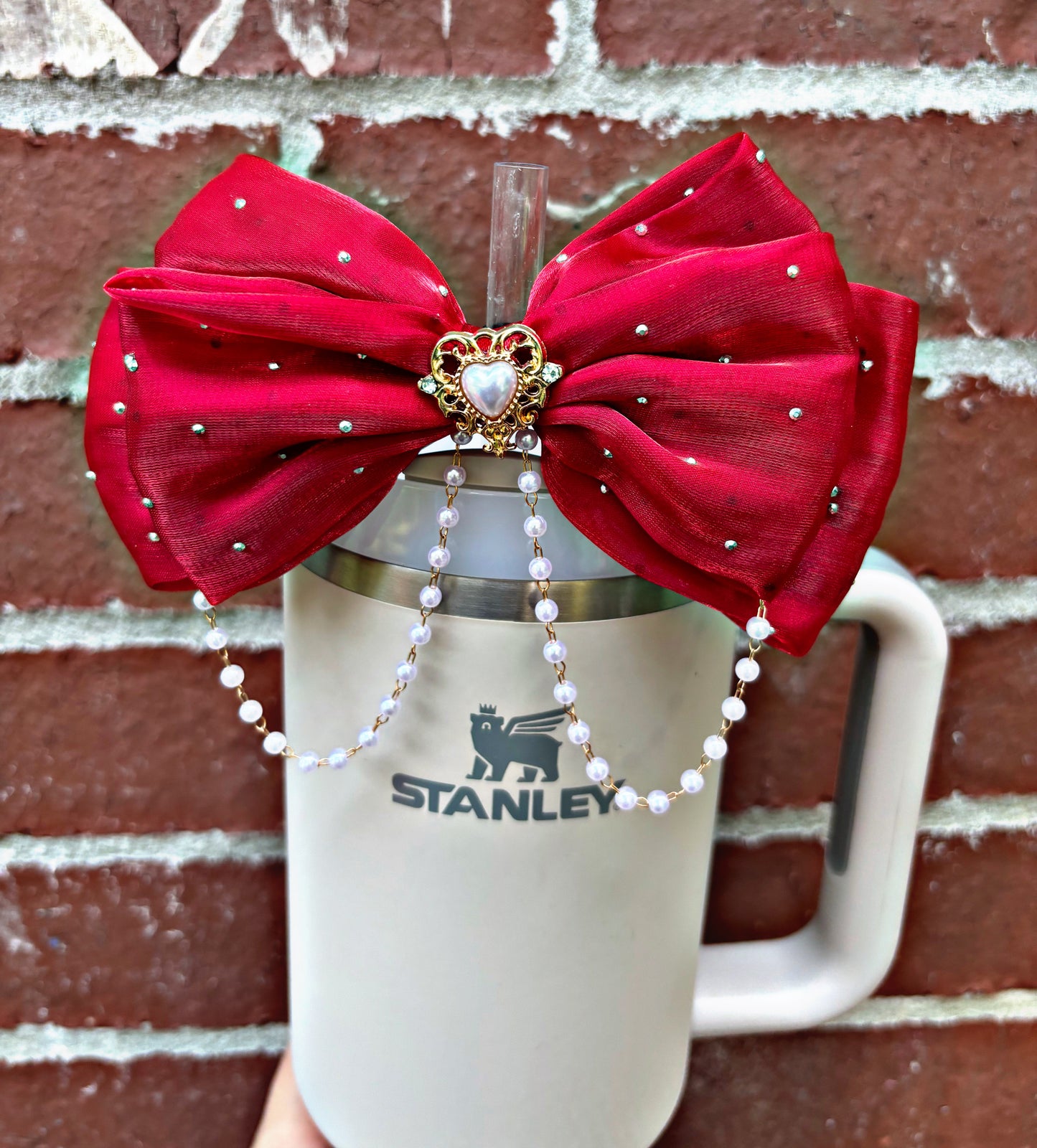 Red Pearls Bow Straw Topper