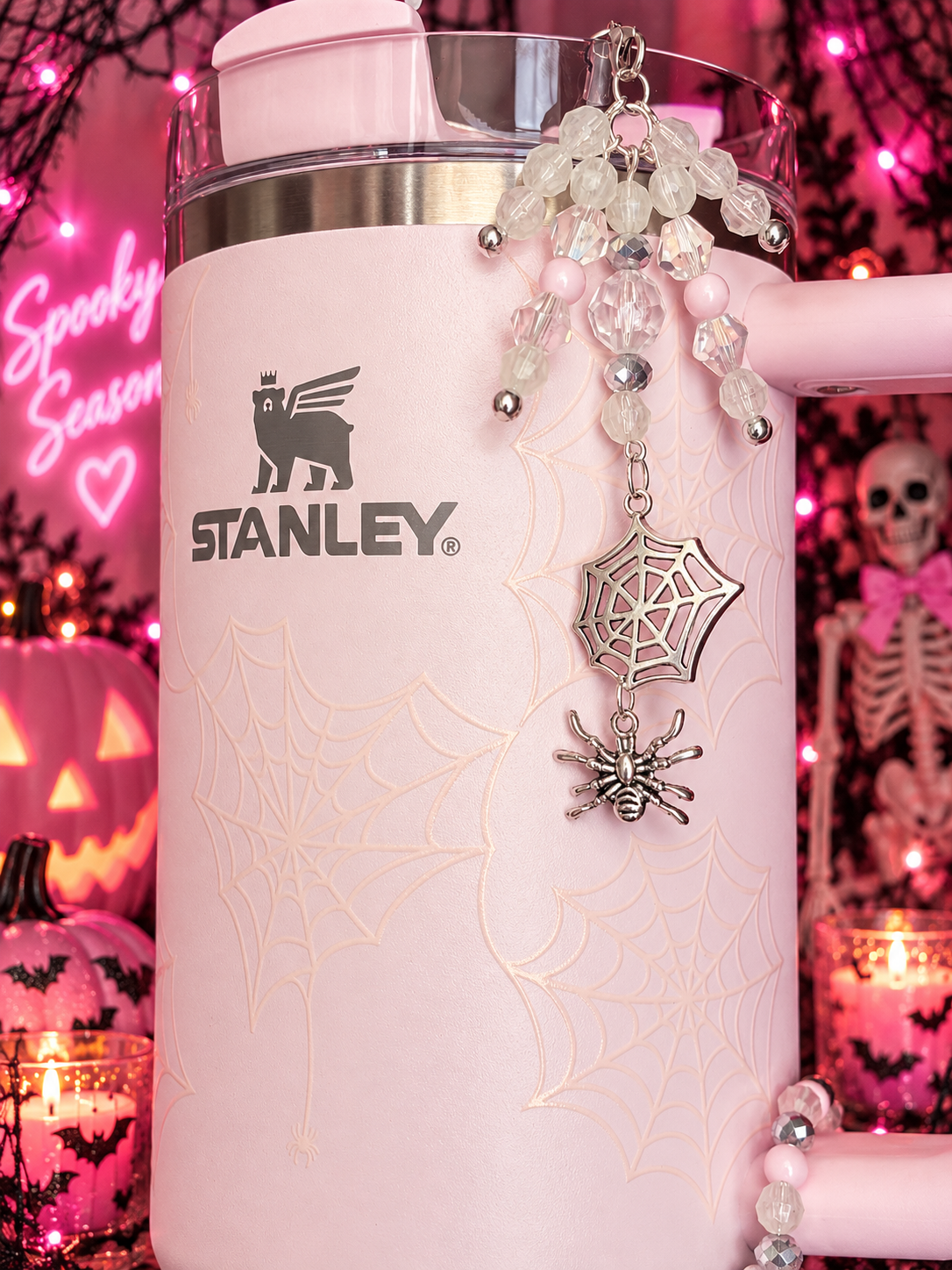 Pink Sugar Skulls Dangle Charm~Translucent Beads Glow in the Dark
