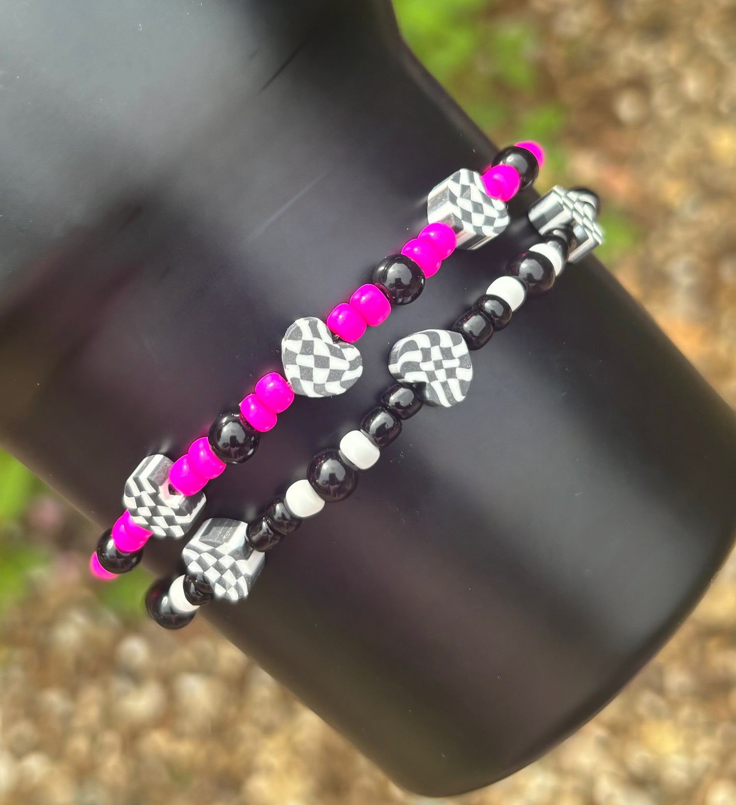 Neon Electric Pink Checkered Cup Bracelets