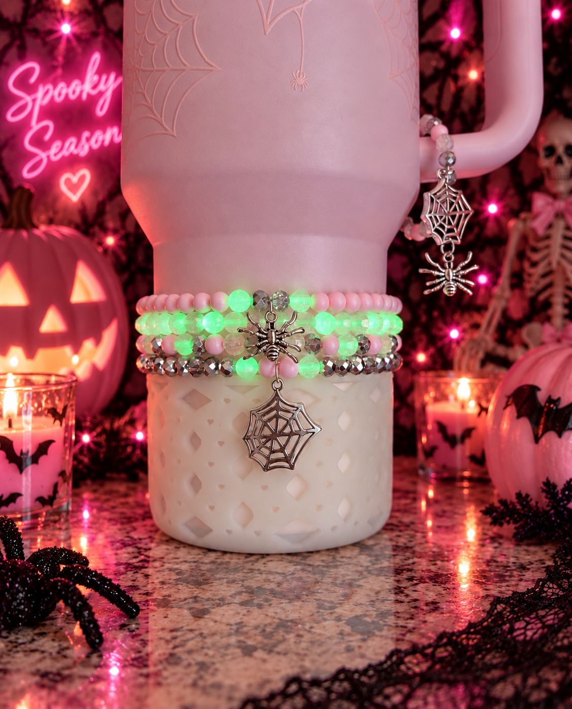 Pink Sugar Skulls Bracelets Wrist or Tumbler~Translucent Beads Glow in the Dark