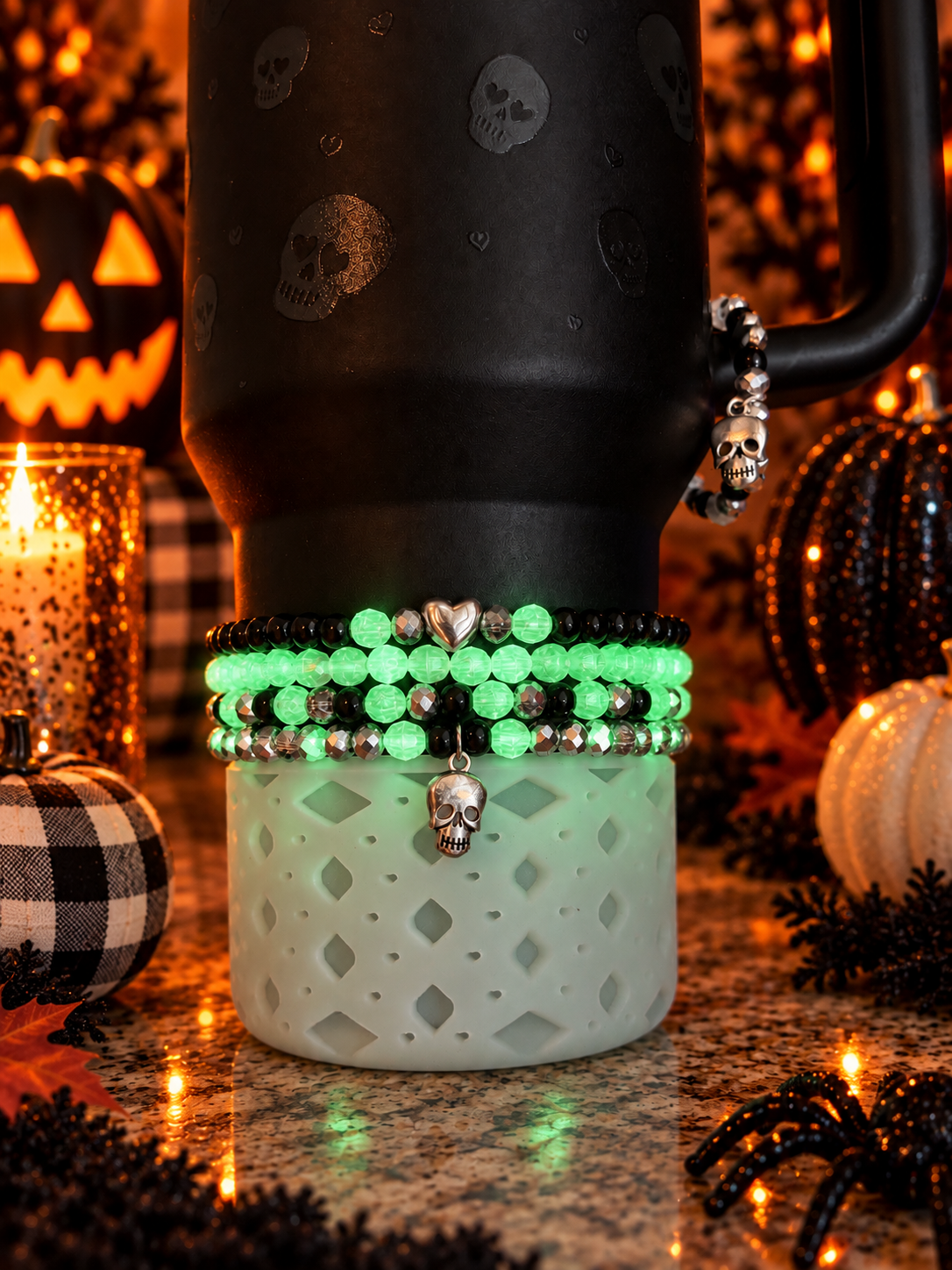 Sweetheart Skulls Bracelets Wrist or Tumbler~Translucent Beads Glow in the Dark