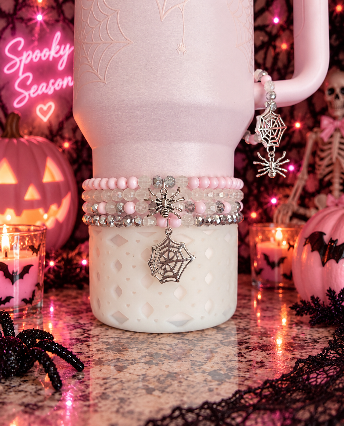 Pink Sugar Skulls Bracelets Wrist or Tumbler~Translucent Beads Glow in the Dark