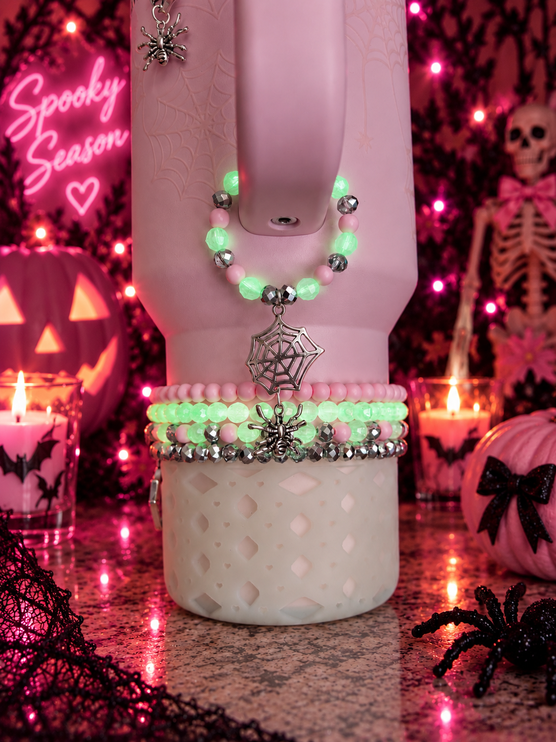 Pink Sugar Webs Magnetic Handle Charm ~Translucent Beads Glow in the Dark