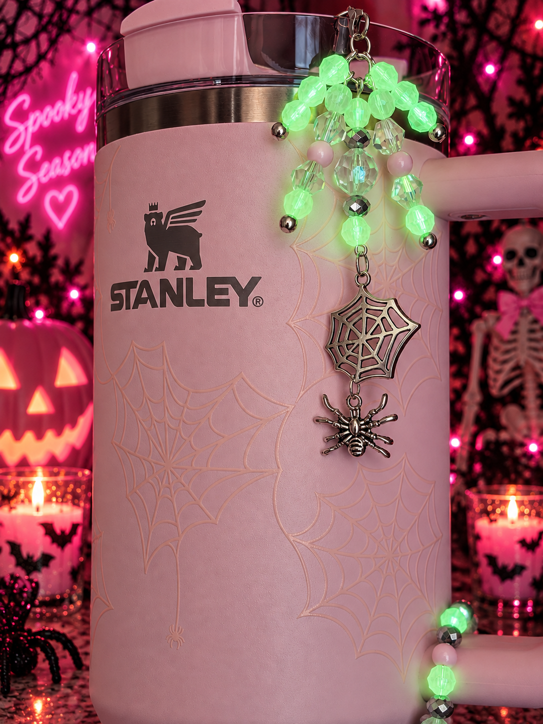 Pink Sugar Skulls Dangle Charm~Translucent Beads Glow in the Dark