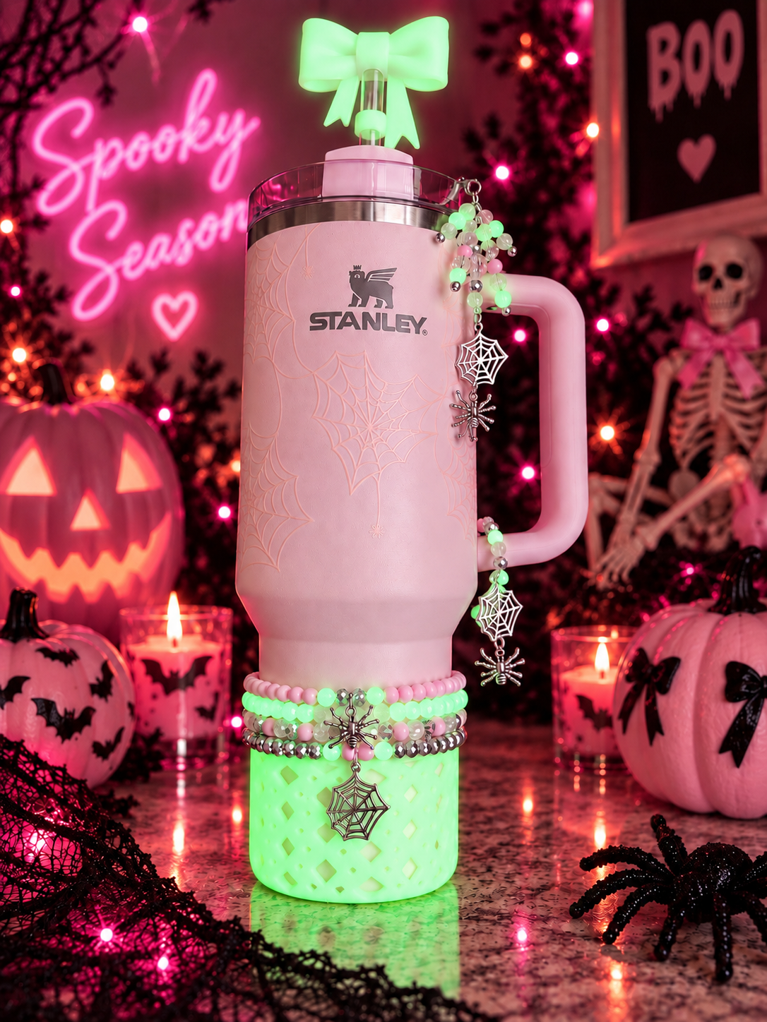 Pink Sugar Skulls Dangle Charm~Translucent Beads Glow in the Dark