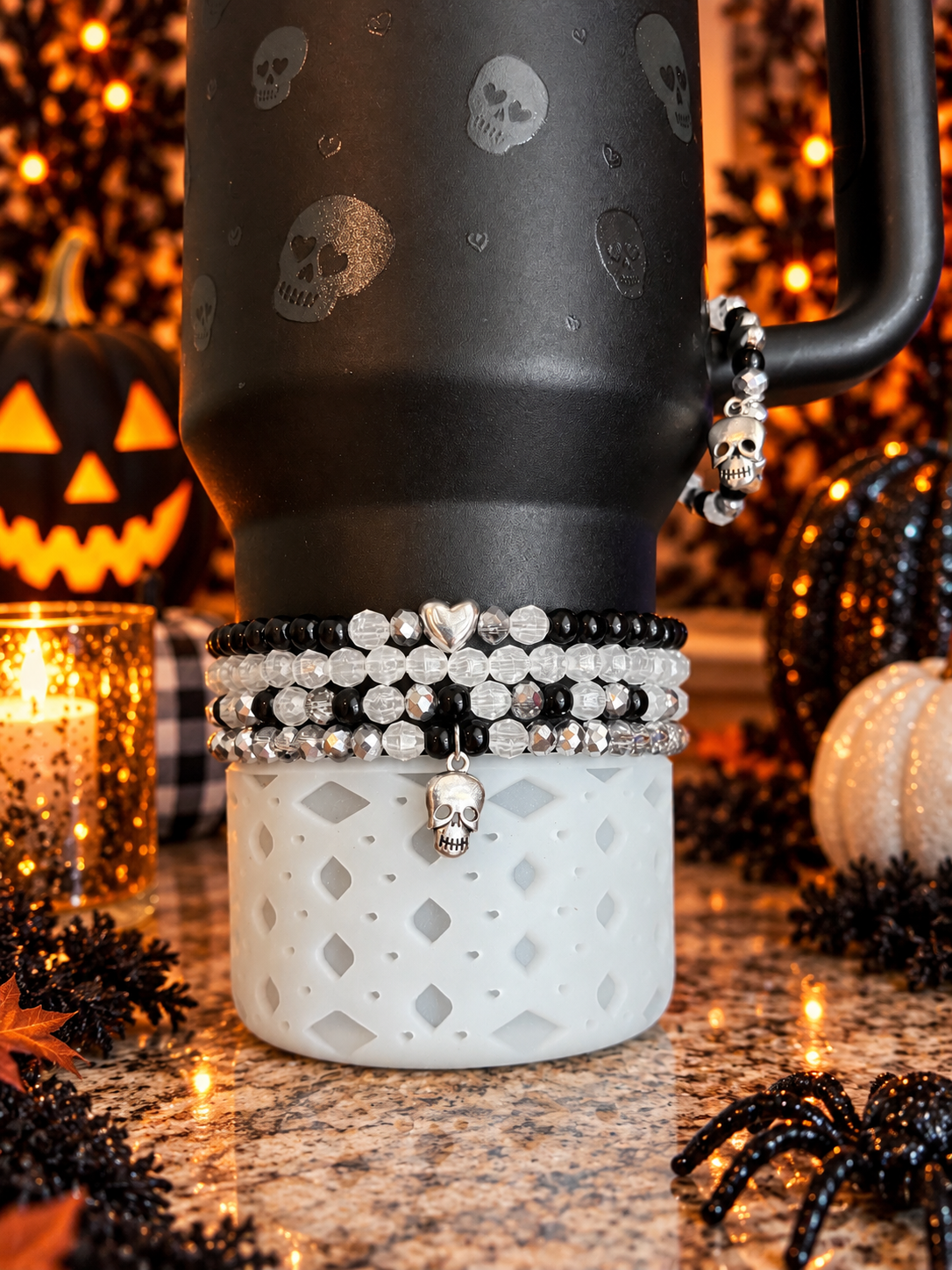 Sweetheart Skulls Bracelets Wrist or Tumbler~Translucent Beads Glow in the Dark