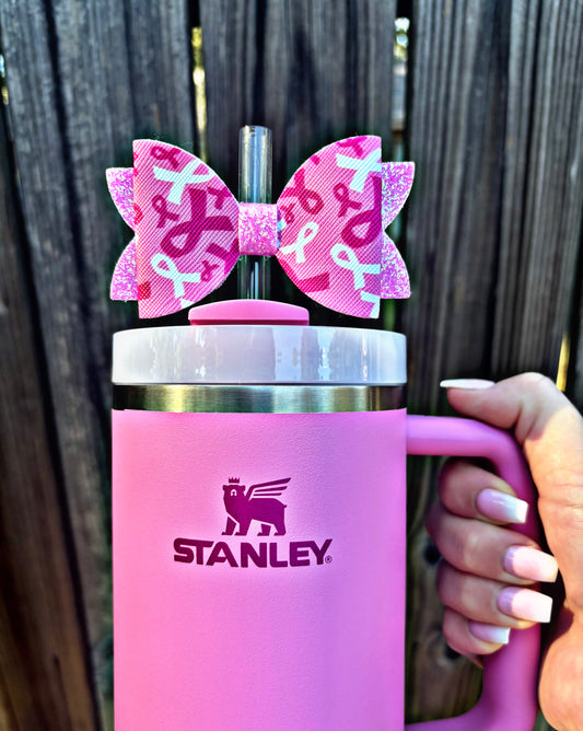 Pink Ribbon Awareness Bow Straw Topper