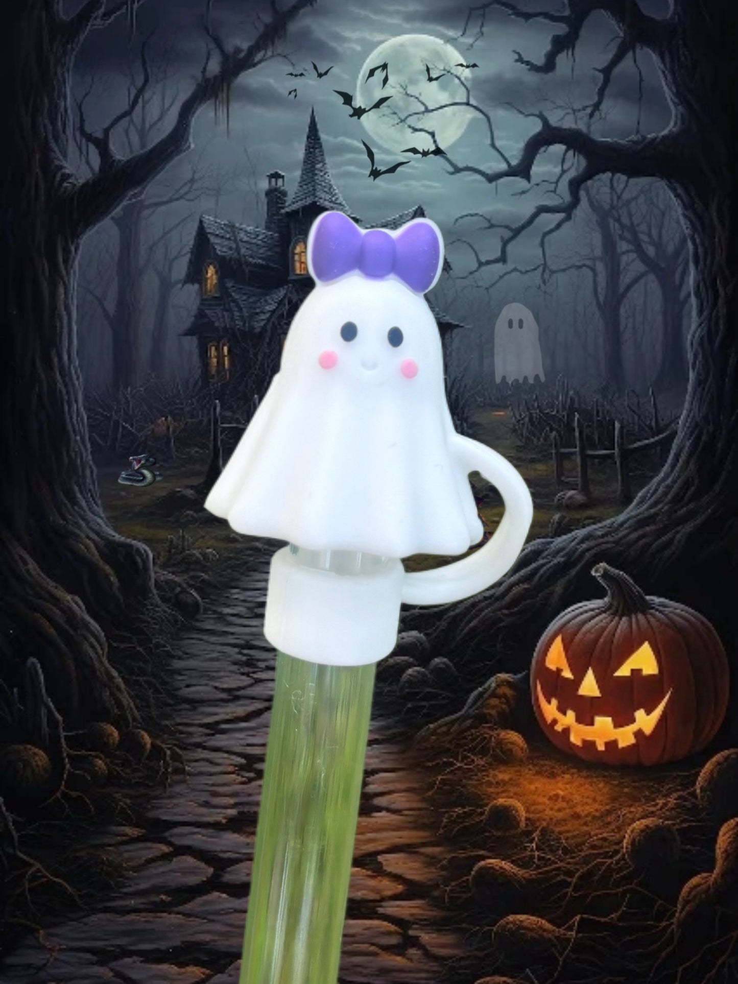 Purple Bow Ghost 3D Silicone Straw Topper