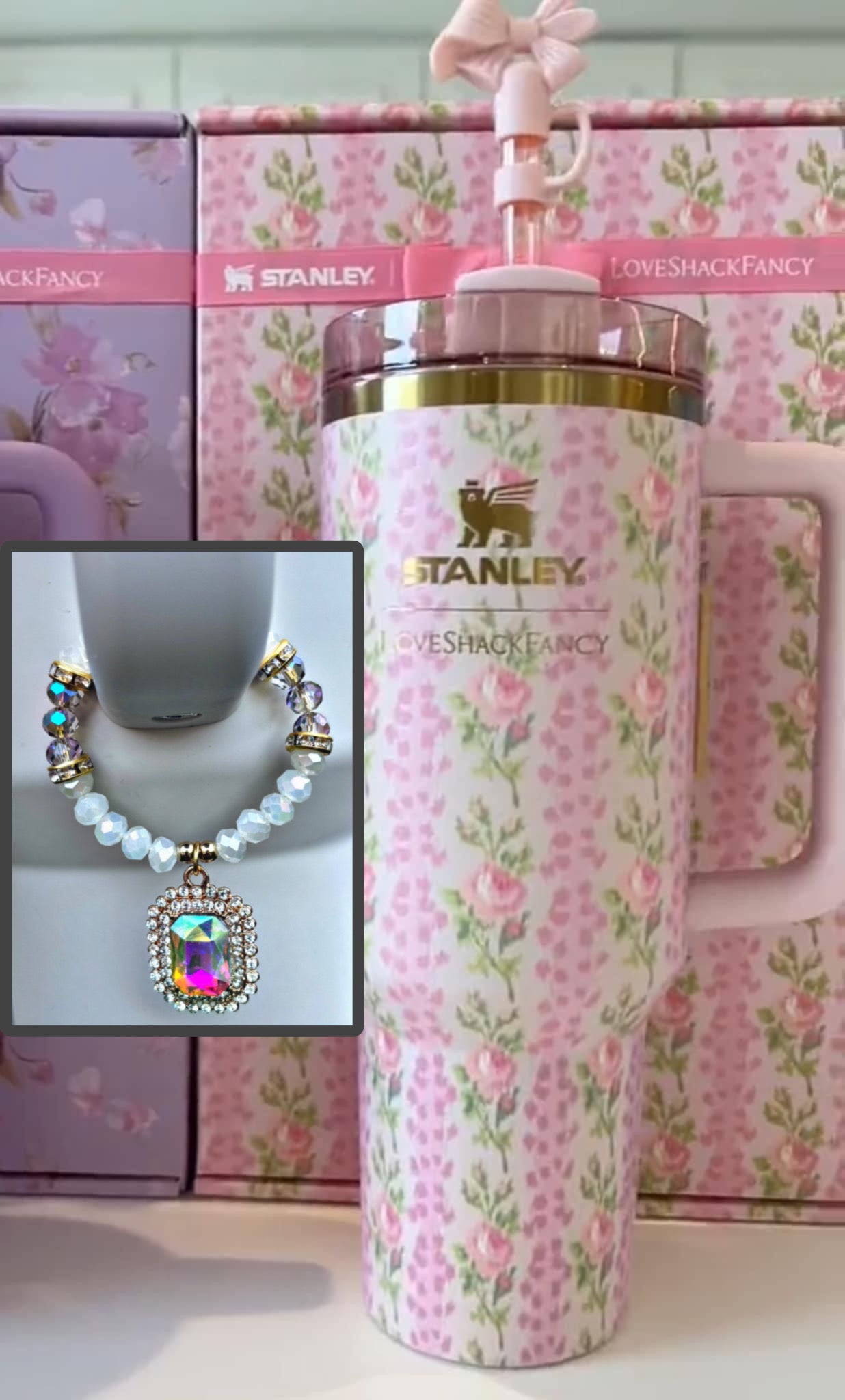 LoveShack Fancy Ribbon Rosa Cup Handle Charm Stanley Cup Accessories