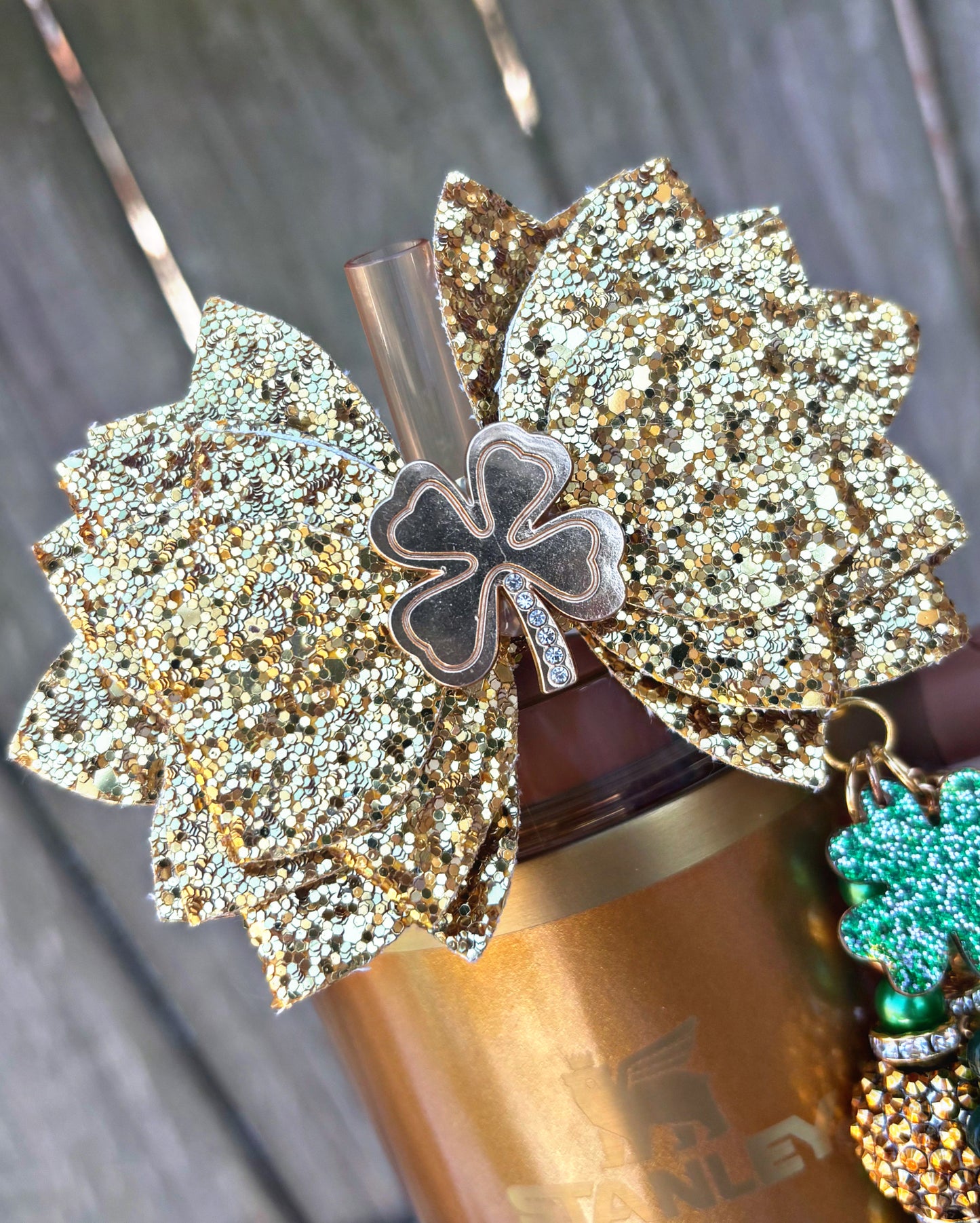 Lucky Clover Golden Bow Straw Topper