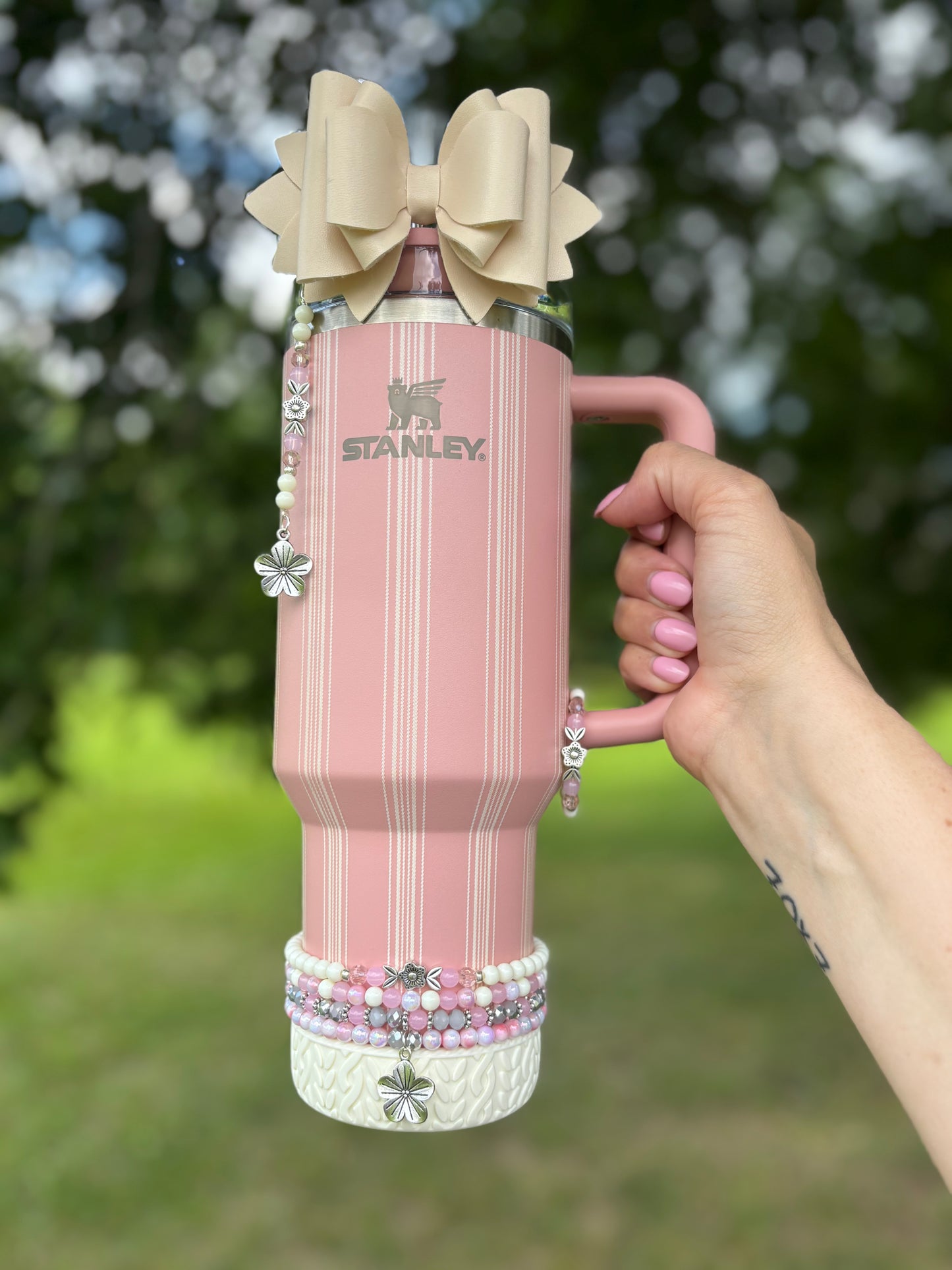 Peach Rose Picnic Stripe Bracelets Wrist or Tumbler