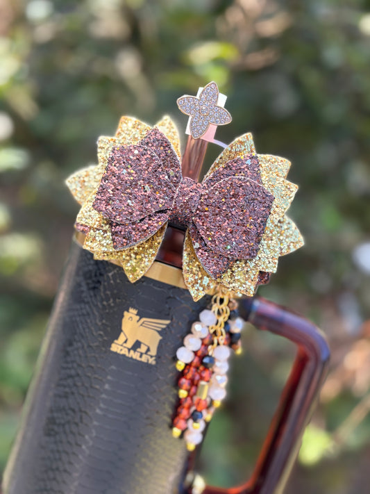 Gold & Chocolate Luxe Glitter Bow 10mm Straw