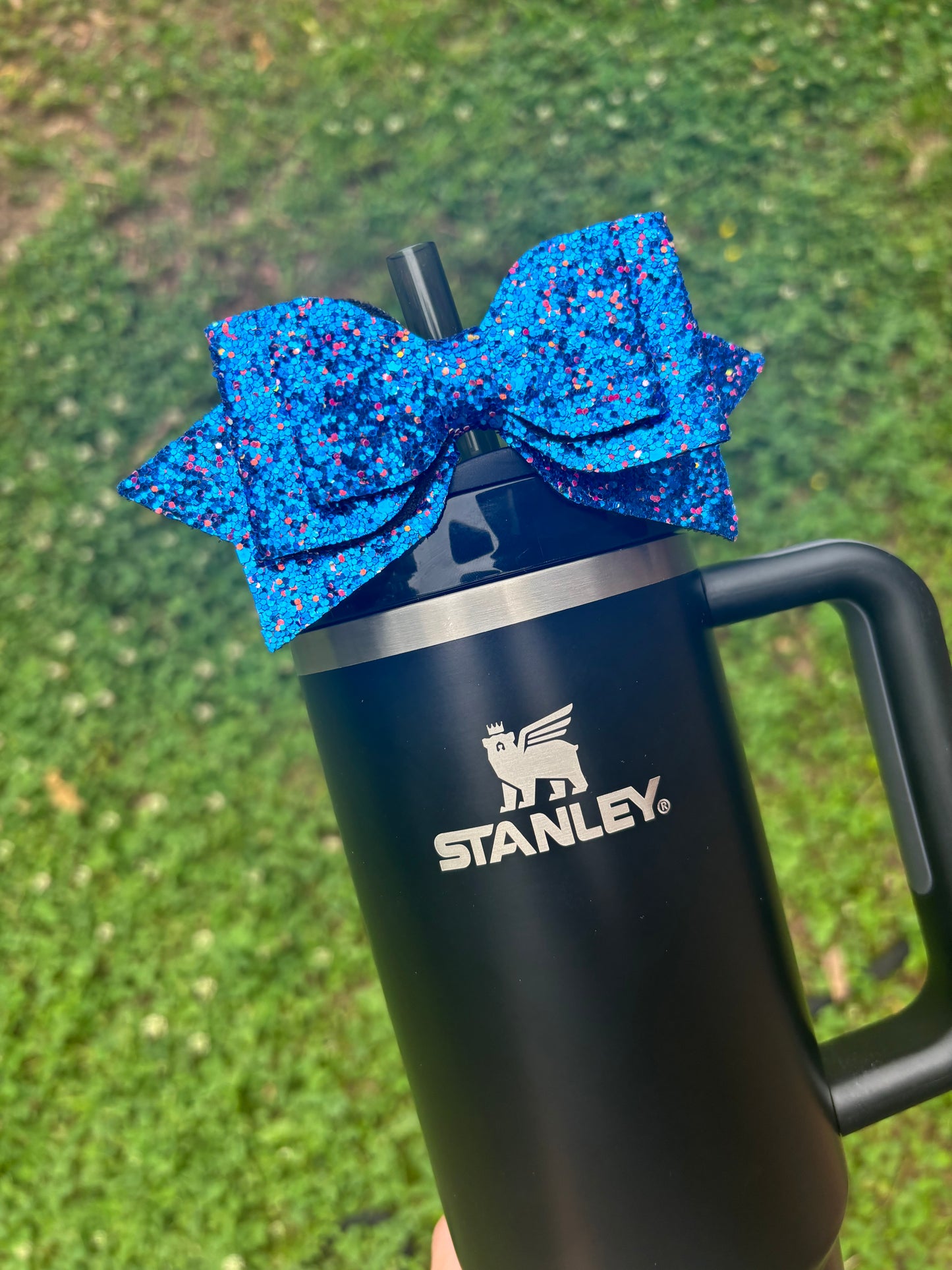 Blue Glitter Bow Straw Topper