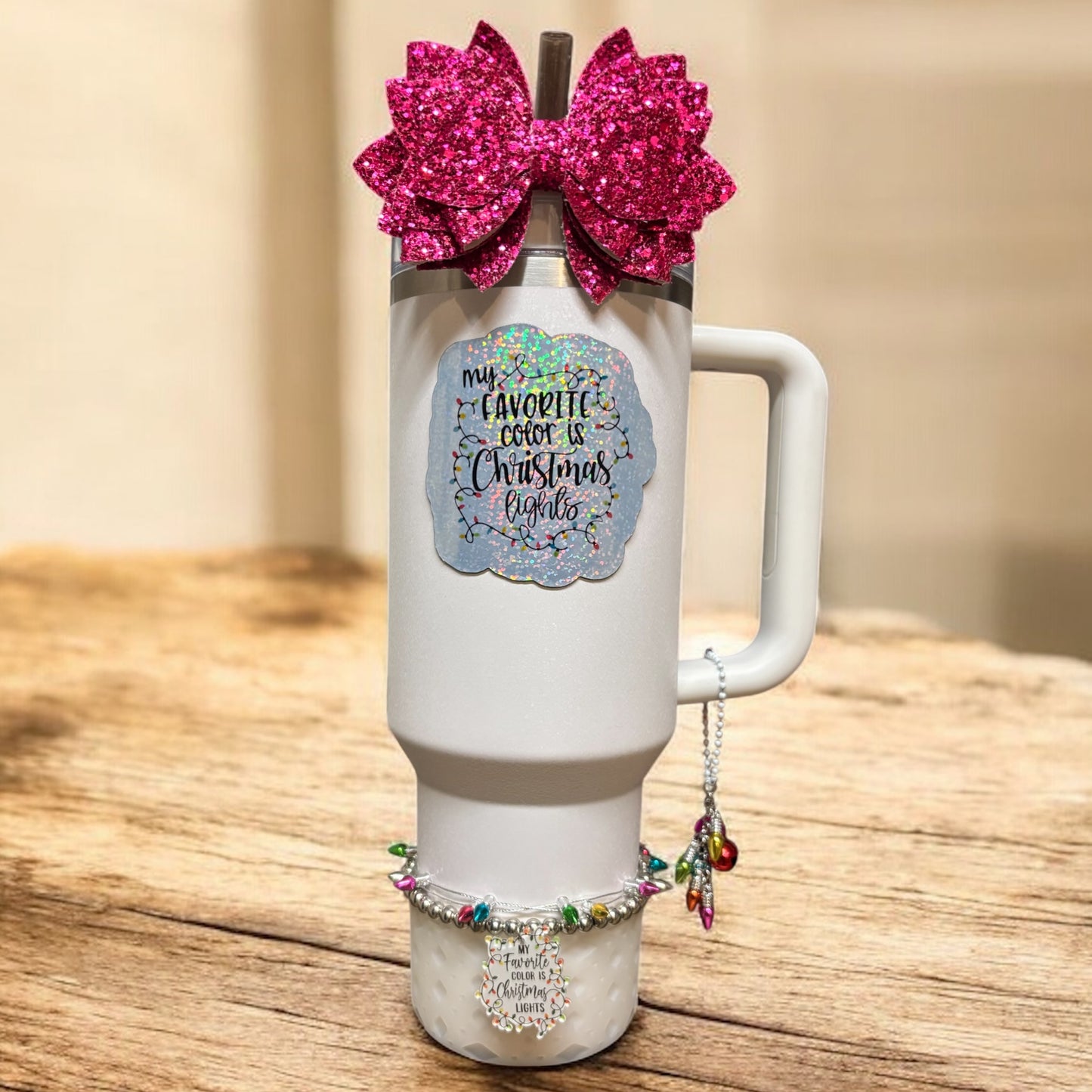 Pink Glitter Bow 10mm Straw